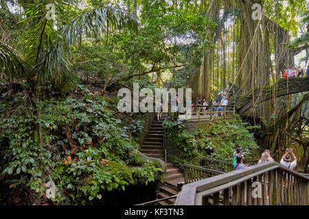 Touristen gehen auf Holzbrücke in Sacred Monkey Forest Sanctuary. Ubud, Bali, Indonesien. Stockfoto