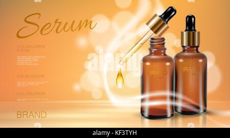 Realistische 3D-Glasflasche serum Wesen. kosmetische ad Schablone für Werbeaktion natürliches Öl vitamin Tropfen Tropfen beige Golden defokussierten Hintergrund boceh Vector Illustration Stock Vektor