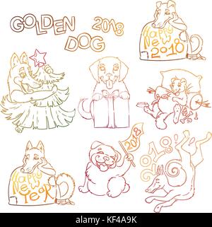 Hand Sammlung mit einem niedlichen doodle Hunde gezeichnet. 2018 vector chinesische Symbol und Schriftzug. Frohes neues Jahr Stock Vektor