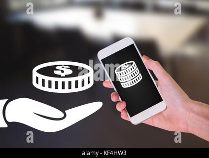 Digital composite von Hand über das Telefon senden und empfangen von Geld Icons Stockfoto