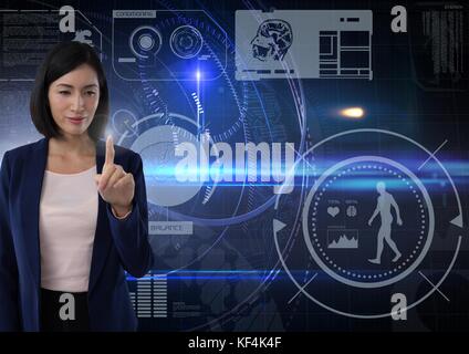 Digital composite der Geschäftsfrau berühren Luft vor der Wissenschaft Technologie Hintergrund Stockfoto