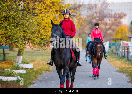 Gruppe von jugendlichen Mädchen reiten Pferde im Herbst Park. Pferdesport Hintergrund mit Kopie Raum Stockfoto