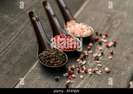 Studio shot von drei Löffel mit groben Salz Rosa, Schwarz und rosa Pfeffer auf dunklem Hintergrund Stockfoto