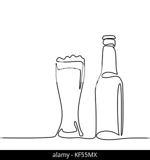 Bier Flasche und Glas mit Bier auf weißem Hintergrund. Kontinuierliche Strichzeichnung. Vector Illustration Stock Vektor