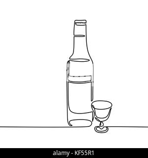 Wodka Flasche und Glas auf weißem Hintergrund. Kontinuierliche Strichzeichnung. Vector Illustration Stock Vektor