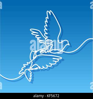 Kontinuierliche eine Strichzeichnung. fliegen zwei Tauben Logo. Weiß auf Blau verlaufshintergrund Vector Illustration. Konzept für Logo, Karte, Banner, Poster, f Stock Vektor