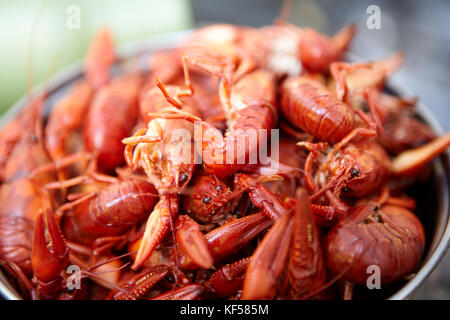 Topf frische rote gekochte Süßwasser crawdads oder flusskrebs Für eine Muschel Mahlzeit oder Starter in der Nähe zu selektiven Fokus anzeigen Stockfoto