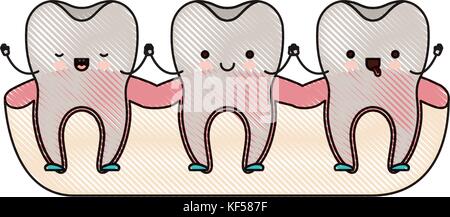 Zahn Zeichentrickfilm über Gummi und halten sich an den Händen in farbige Kreide Silhouette Stock Vektor