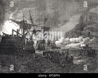 Große Belagerung von Gibraltar, 1779-1783. Das spanische Schiff San Miguel wurde am 10. Oktober 1782 während des Grand Assault von der Garrison gefangen genommen. Stockfoto