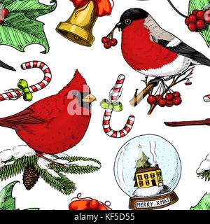 Graviert Hand in alte Skizze und Vintage Style für Label gezeichnet. frohe Weihnachten neues Jahr Sammlung. winter Urlaub Dekoration. nahtlose Muster. dompfaff oder Red Cardinal und Lutscher, Snow Globe Stock Vektor