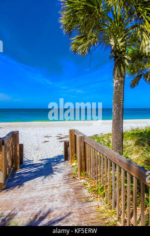 Gehweg zum Golf von Mexiko Strand auf Anna Maria Island in Bradenton Beach, Florida Stockfoto