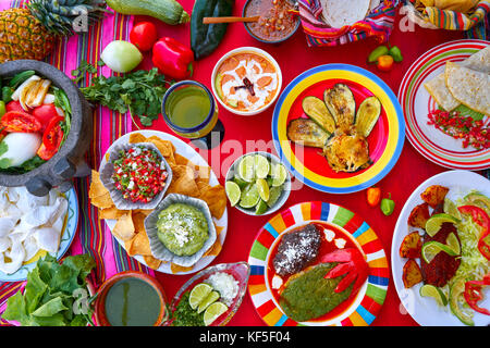 Mexikanische Rezepte mix auf einem bunten Tisch mit Saucen aus Mexiko Stockfoto