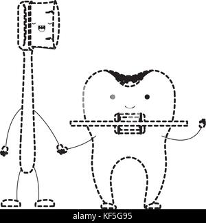 Cartoon paar Zahnbürste und Zahnpasta mit der Strebe in schwarz gepunktete Silhouette Stock Vektor