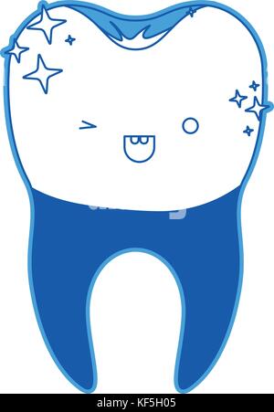 Kawaii Zahn mit zahnkrone und Wurzel in blau Silhouette Stock Vektor