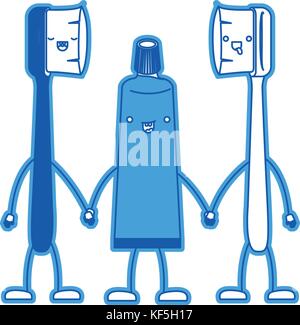 Cartoon paar Zahnbürsten und Zahnpasta in blau Silhouette Stock Vektor
