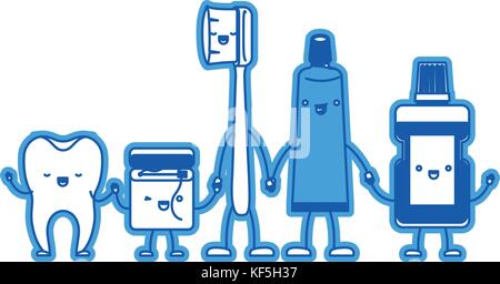 Zahn und Zahnseide und Zahnbürste und Zahnpasta und Mundwasser in Cartoon Hände halten in blau Silhouette Stock Vektor
