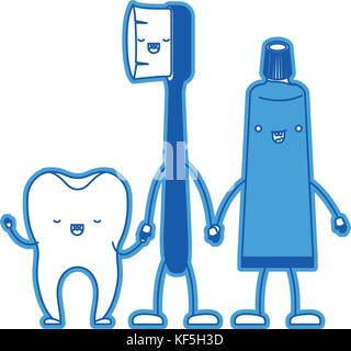 Zahn und Zahnbürste und Zahnpasta im Cartoon, Hände halten in blau Silhouette Stock Vektor