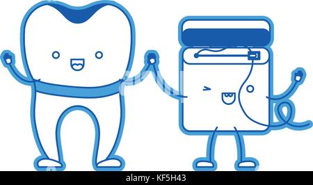 Zahn und Zahnseide in Cartoon Hände halten in Blau silhouette Implantat Stock Vektor