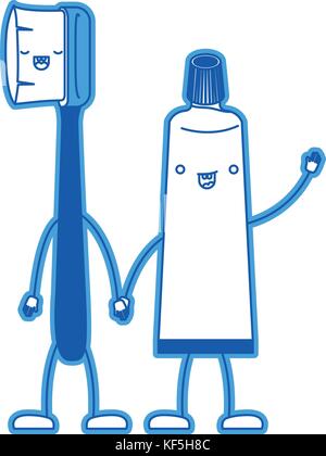 Zahnbürste und Zahnpasta im Cartoon, Hände halten in blau Silhouette Stock Vektor