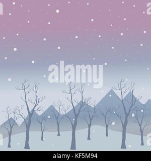 Winter Baum mit ein paar Beeren und rote Vögel auf einem kalten suchen Hintergrund mit Bergen und dunklen verschneiten Himmel. Jahreszeit Natur. verschneite Landschaft. vec Stock Vektor