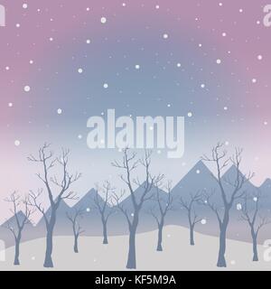 Winter Baum mit ein paar Beeren und rote Vögel auf einem kalten suchen Hintergrund mit Bergen und dunklen verschneiten Himmel. Jahreszeit Natur. verschneite Landschaft. vec Stock Vektor