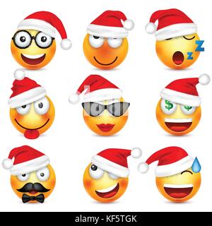 Smileys, Emoticons. gelbes Gesicht mit Emotionen und Weihnachten hat. Neues Jahr, Santa. Winter emoji. Traurig, glücklich, wütend Gesichter. lustige Cartoon Charakter. Stimmung. Vektor. Stock Vektor