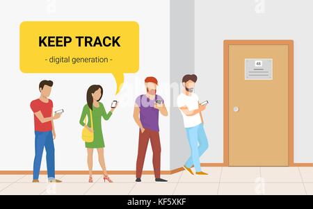 In der Schlange in der Nähe einer Tür flach Vector Illustration von Menschen mit Smartphones zum Lesen Neue, texting und Tracking Netzwerke. Wifi sucht für Sie Stock Vektor