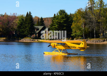 Leuchtend gelb 2005 Cub Crafters Wasserflugzeug Rollen auf See angenehm in der Adirondack Park. Stockfoto