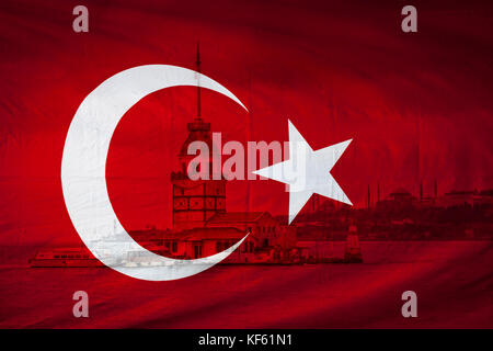 Türkische Flagge mit Blick auf die Istanbuler maidens Tower in backgrou Stockfoto