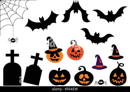 Set von Vektor-Icons und Bilder von Fledermäusen und Kürbissen mit Hut und Spinne auf Netz und Grabsteine isoliert auf weißem Hintergrund, geeignet für Halloween ca. Stock Vektor