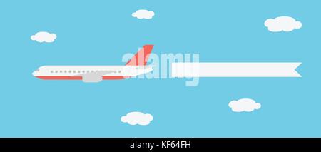 Realistische Vector Illustration eines großen und schnellen Linie Flugzeuge mit einem Banner zwischen Wolken am blauen Himmel - geeignet für Werbung fliegen Stock Vektor
