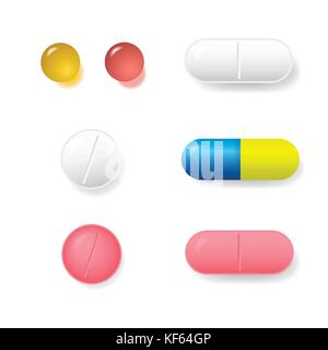 Satz von verschiedenen Vektor Pillen und Tabletten auf weißem Hintergrund Stock Vektor