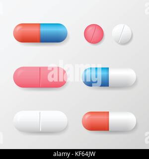 Satz von verschiedenen Vektor Pillen und Tabletten auf weißem Hintergrund Stock Vektor