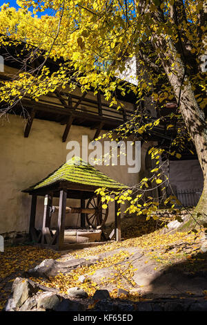 Historische gut unter Baum im Alten Schloss in Banska Stiavnica, Slowakei, Unesco Stockfoto