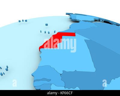 Karte der Westsahara in Rot auf blauem politischen Globus. 3D-Abbildung. Stockfoto