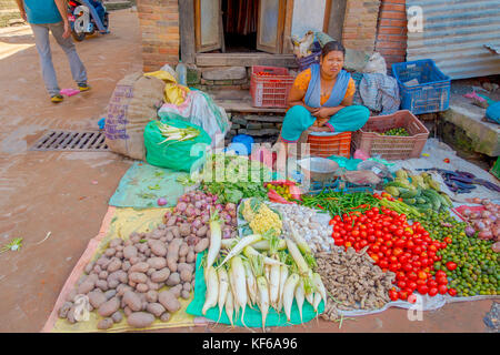 Bhaktapur, Nepal - November 04, 2017: weibliche Straßenhändler. Gemüse Verkäufer und Eigentümer in Bhaktapur, Nepal. In jeden Morgen eine gute Qualität von Gemüse aus dem echten Bauern. In Bhaktapur Morgen Markt um 6-7 Uhr Stockfoto