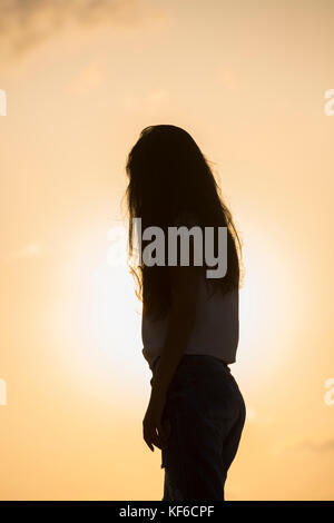 Silhouette einer jungen Frau gegen einen Sonnenuntergang Himmel stehen