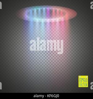 Runde gelbe Leuchten strahlen Nacht Szene auf transparenten Hintergrund. Leer Lichteffekt Podium. disco Tanzfläche. Zeigen Regenbogen Farben. Strahl Bühne. magi Stock Vektor