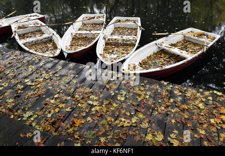 Berlin, Deutschland. Oktober 2017. Herbstlaub auf der Fußgängerbrücke und in Ruderbooten am Ufer des Neuen Sees in Berlin, Deutschland, 25. Oktober 2017. Kredit: Maurizio Gambarini/dpa/Alamy Live News Stockfoto