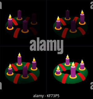 Adventskranz auf den ersten, zweiten, dritten und vierten Adventssonntag mit einem, zwei, drei und vier beleuchtete lila Kerzen in verschiedenen Längen. Stockfoto