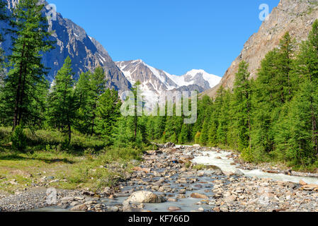 Blick auf aktru Aktru Fluss, die Berge und den Gletscher. Republik Altai, Sibirien. Russland Stockfoto