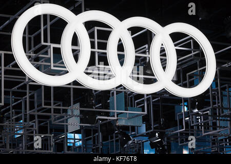 Frankfurt, Deutschland - 20.September 2017: Audi Corporate Logo auf der Frankfurter Internationalen Automobilausstellung (IAA) 2017 Stockfoto