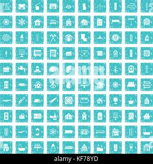 100 Heizung Icons Set grunge Blau Stock Vektor