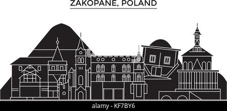 Polen, Zakopane Architektur vektor Skyline der Stadt, Reisen Stadtbild mit Sehenswürdigkeiten, Gebäuden, isolierte Sehenswürdigkeiten auf Hintergrund Stock Vektor