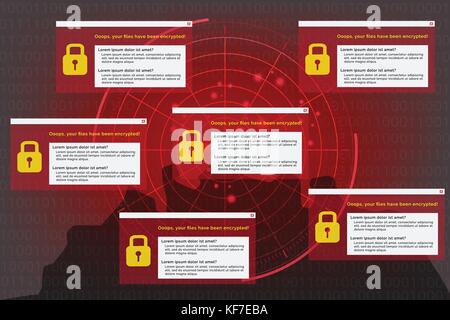 Abbildung: radar Erkennung auf malware virus Computer im Hintergrund Daten verschlüsseln der binäre Code. Hacker Lösegeld Malware in Computer. Stock Vektor