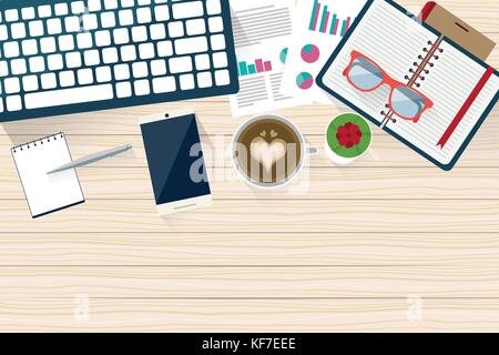 Blick von oben auf die Holz- Arbeitstisch mit Elementen, Kaffee latte Art und Cactus Stock Vektor