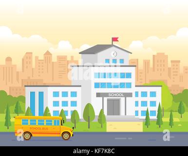 Stadt Schule Gebäude mit gelben Bus - moderne Vector Illustration Stock Vektor