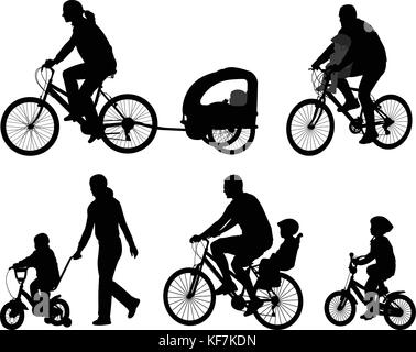 Eltern mit ihren Kindern Fahrrad Silhouetten - Vektor Stock Vektor