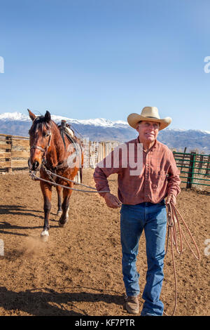 Usa, Kalifornien, Mammut, ein Cowboy steht neben seinem Pferd auf tatum Ranch in Bischof Stockfoto