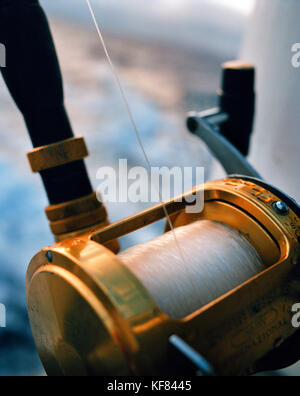 Fidschi, nördlichen Lau Inseln, Detail eines Deep Sea Fishing Rod und Reel Stockfoto